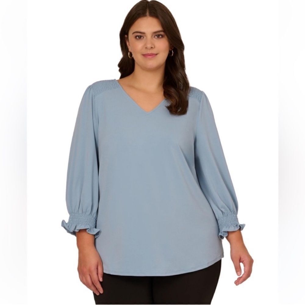 Adrianna Papell 3X Sea Ice Blue V-Neck Pullover Long Smocked Sleeve Blouse